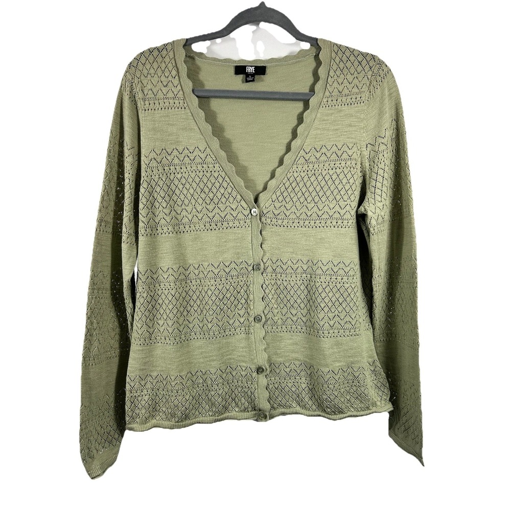 FRYE Scalloped Pointelle Cardigan L Sage‎ Green Cotton Grandmacore Cottagecore